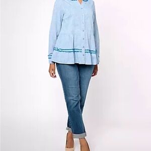 LOGO by Lori Goldstein Button-Front Tiered Chambray Shirt SizeXS new pretty blue